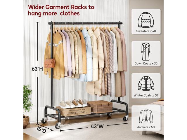 SLEEPING LAMB Heavy Duty Clothing Racks for Hanging Clothes Rack, 43' Wide Rolling Garment Rack Metal Clothing Hanger Rack with Wheels Wardrobe...
