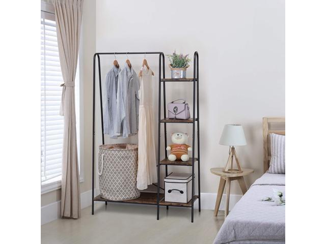 Finnhomy Rustic Clothes Rack, Clothing Rack for Hanging Clothes Heavy Duty Garment Rack with 5 Wood Shelves Freestanding Portable Closet Organizer...