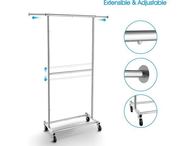 Simple Trending Double Rod Clothing Garment Rack, Rolling Clothes Organizer on Wheels for Hanging Clothes, Chrome