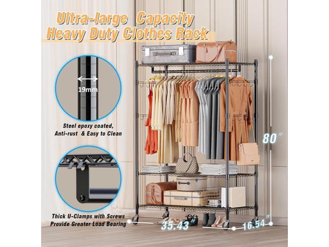 Homdox 3 Tier Heavy Duty Garment Rack with Wheels, Adjustable Wire Clothes Rack with Double Hanging Rods, Portable Closets for Hanging Clothes with...