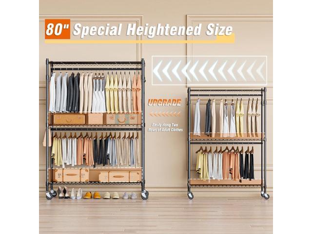 Homdox 3 Tier Heavy Duty Garment Rack with Wheels, Adjustable Wire Clothes Rack with Double Hanging Rods, Portable Closets for Hanging Clothes with...