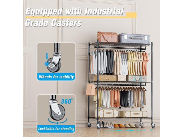 Homdox 3 Tier Heavy Duty Garment Rack with Wheels, Adjustable Wire Clothes Rack with Double Hanging Rods, Portable Closets for Hanging Clothes with...