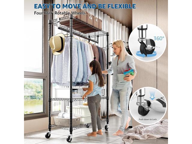 Heavy Duty Rolling Garment Rack 3 Tiers Adjustable Wire Shelving Clothes Rack with Rods and Side Hooks,Storage Closet Clothing Rack with Wheels...