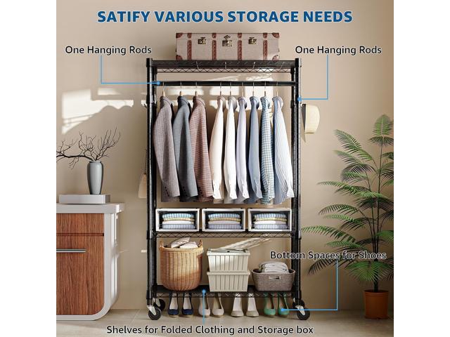 Heavy Duty Rolling Garment Rack 3 Tiers Adjustable Wire Shelving Clothes Rack with Rods and Side Hooks,Storage Closet Clothing Rack with Wheels...