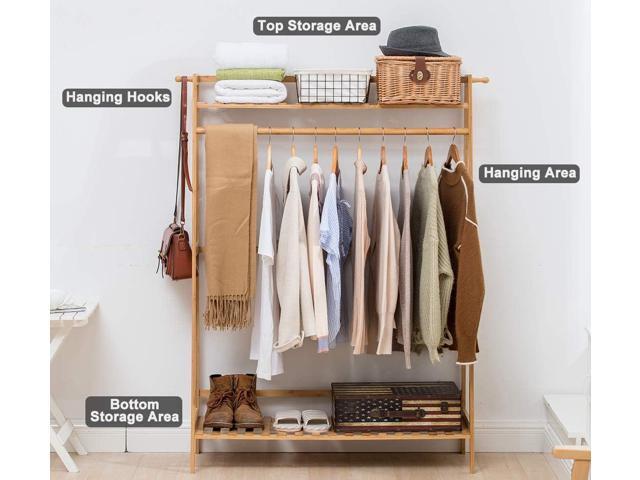 COPREE Bamboo Garment Coat Clothes Hanging Heavy Duty Rack with top Shelf and Shoe Clothing Storage Organizer Shelves
