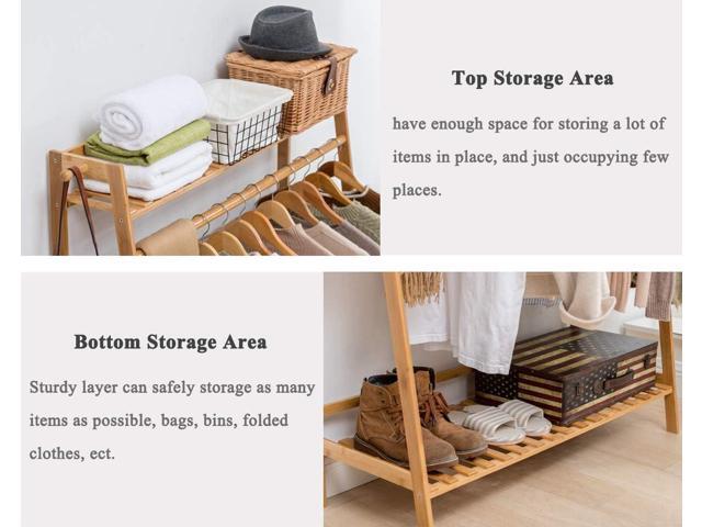 COPREE Bamboo Garment Coat Clothes Hanging Heavy Duty Rack with top Shelf and Shoe Clothing Storage Organizer Shelves