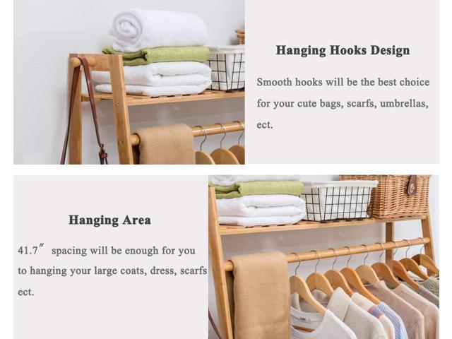 COPREE Bamboo Garment Coat Clothes Hanging Heavy Duty Rack with top Shelf and Shoe Clothing Storage Organizer Shelves