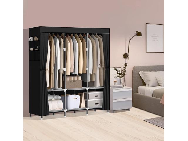 LOKEME Wardrobe Closet,Portable Closet for Bedroom Steel Pipe Diameter 19mm Strong and Sturdy Black Portable Closets for Hanging Clothes with 3...