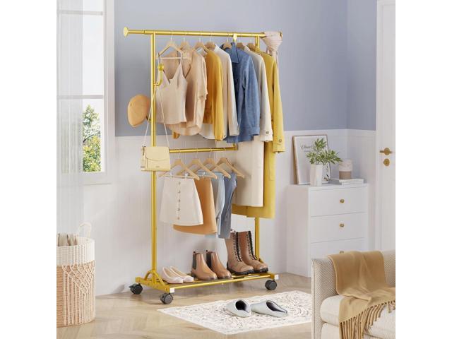 FAVOOSTY Clothes Rack for Hanging Clothes, Rolling & Extending Clothing Rack with Wheels, Garment Coat Rack Freestanding, Portable Closet...