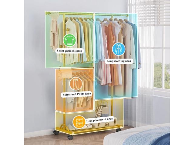 FAVOOSTY Clothes Rack for Hanging Clothes, Rolling & Extending Clothing Rack with Wheels, Garment Coat Rack Freestanding, Portable Closet...
