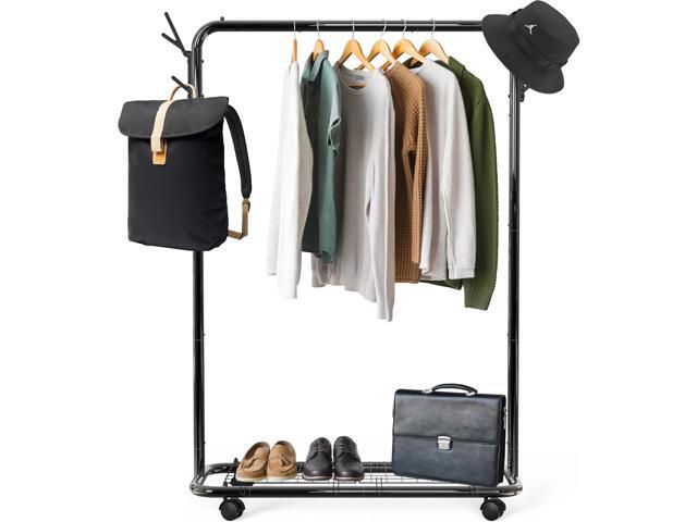 Simple Houseware Industrial Style Garment Rack with Wheels and Hooks, Black