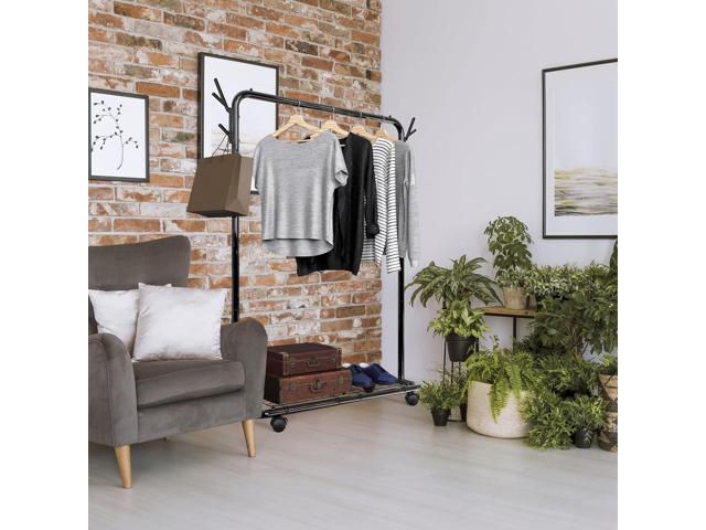 Simple Houseware Industrial Style Garment Rack with Wheels and Hooks, Black