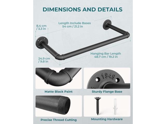 OROPY Industrial Pipe Clothes Rack 21.2 Set of 2, Heavy Duty Wall Mounted Black Iron Garment Bar, Multi-Purpose Clothing Hanging Rod for Laundry...