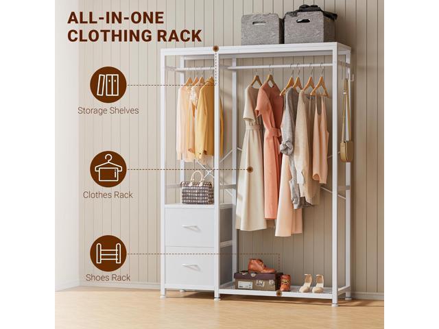 Lulive Clothes Rack, Heavy Duty Garment Rack for Hanging Clothes, Industrial Clothing Racks with Shelves, 2 Fabric Drawers, 4 Hooks, 2 Hanging...