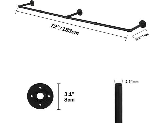 72inch Industrial Pipe Clothes Rack Wall Mount For Hanging Rod Bar for Laundry Room, Closet Rod& Plant Hanger Up to Max Load 135Lb Black (72inch(1...
