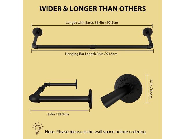 Wall Mounted Clothes Rack 38.4in, Industrial Pipe Wall Mount Clothing Rack, Heavy Duty Iron Garment Racks, Space Saver Multi-purpose Hanging Rod...