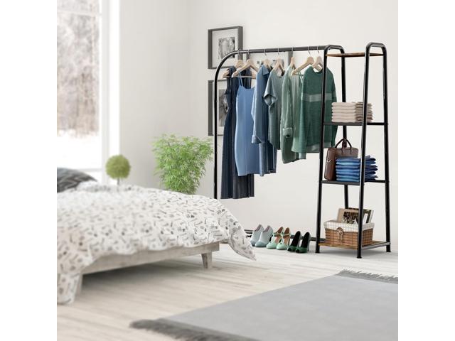 Simple Houseware Heavy Duty Clothing Garment Rack with 4 Shelves, Portable Closet Organizer for Hanging Clothes, Black