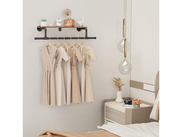 Wall Mounted Clothes Rack with Top Shelf, Space Saver Industrial Pipe Shelving, Heavy Duty Iron Closet Poles, Extension at Both Ends, 37.6×10.2×5.9...
