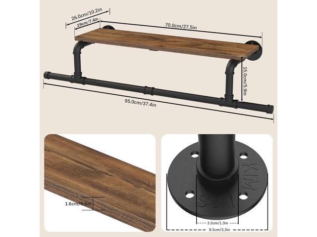 Wall Mounted Clothes Rack with Top Shelf, Space Saver Industrial Pipe Shelving, Heavy Duty Iron Closet Poles, Extension at Both Ends, 37.6×10.2×5.9...