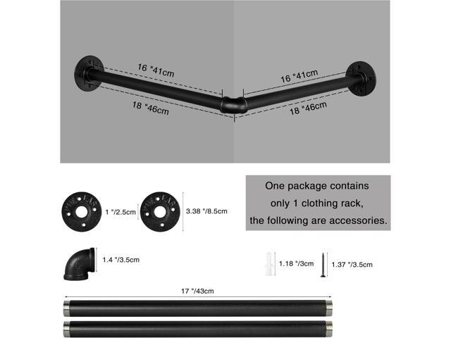 AddGrace Industrial Pipe Garment Rack Iron Wall Mounted Right Angle Corner Clothing Rack with Screws DIY Home Storage Display (Black) 18.1'