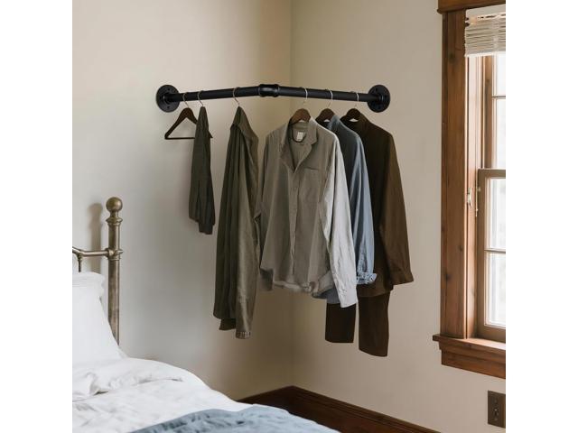 AddGrace Industrial Pipe Garment Rack Iron Wall Mounted Right Angle Corner Clothing Rack with Screws DIY Home Storage Display (Black) 18.1'