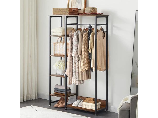 VECELO Open Garment Clothing Rack, Free-Standing Heavy Duty Storage Closet with 5 Shelves and Hanging Rod for Small Spaces, Max Load 350LBS, Brown