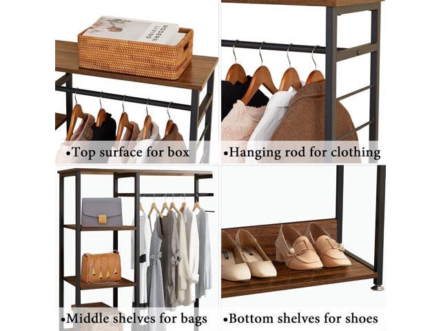 VECELO Open Garment Clothing Rack, Free-Standing Heavy Duty Storage Closet with 5 Shelves and Hanging Rod for Small Spaces, Max Load 350LBS, Brown