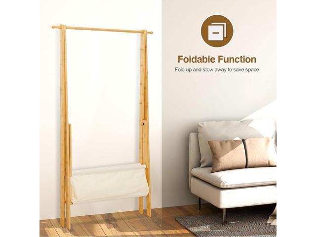Bamboo Clothes Rack with Storage Box, Garment Holder Clothing Stand for Hanging Coat, Foldable Wardrobe Organizer for Entryway and Bed Room (Natural)