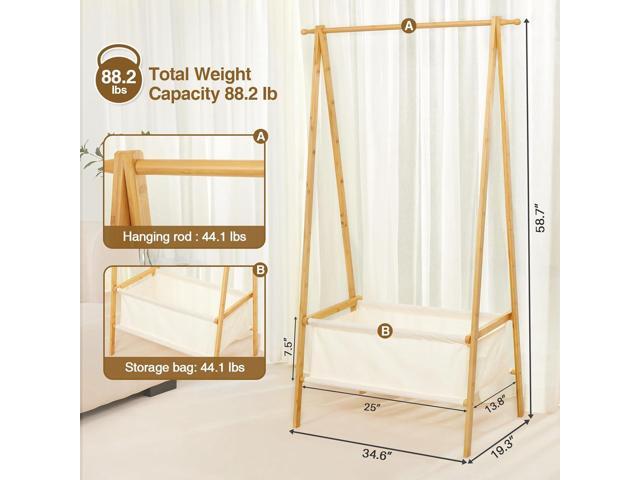 Bamboo Clothes Rack with Storage Box, Garment Holder Clothing Stand for Hanging Coat, Foldable Wardrobe Organizer for Entryway and Bed Room (Natural)