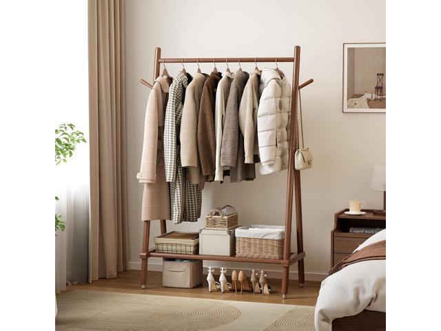 Solid Wood Clothing Rack, Rolling Clothes Rack for Hanging Clothes, Garment Rack with Shelves Load 350 Lbs, Portable Closet Organizer on Wheels for...