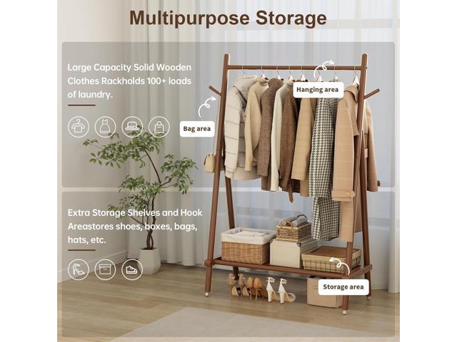 Solid Wood Clothing Rack, Rolling Clothes Rack for Hanging Clothes, Garment Rack with Shelves Load 350 Lbs, Portable Closet Organizer on Wheels for...