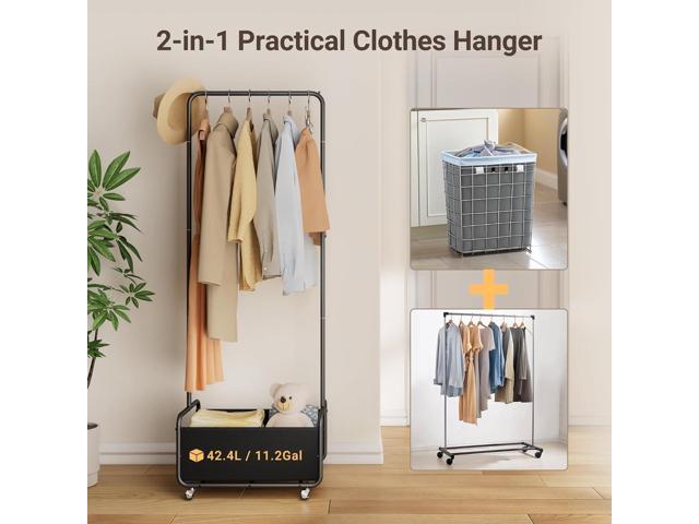 Dunatou Small Clothes Rack with Wheels, Heavy Duty Metal Garment Rack, 2-in-1 with Basket, Clothes Racks for Hanging Clothes, 15.7' x 23.6' x 67',...