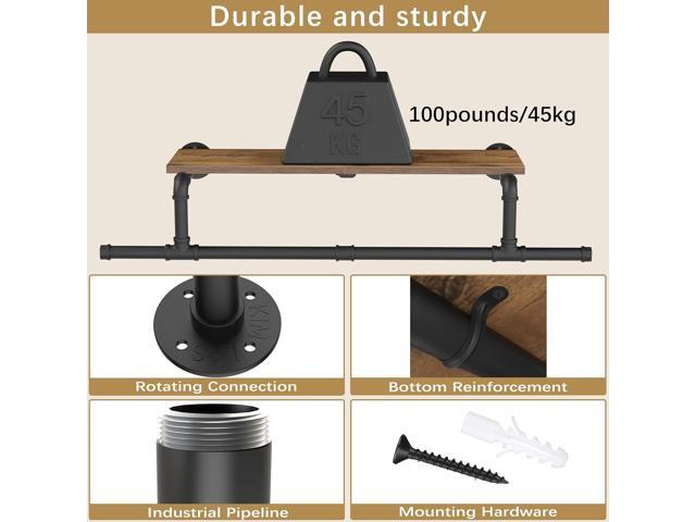 Wall Mounted Clothes Rack with Top Shelf, Space Saver Industrial Pipe Shelving, Heavy Duty Iron Closet Poles, Extension at Both Ends, 37.6×10.2×5.9...
