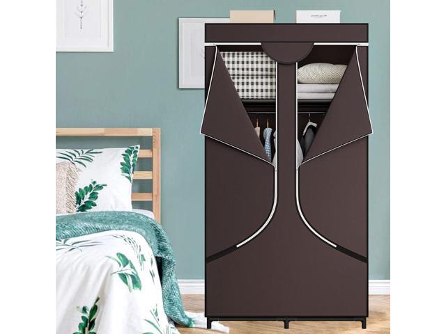 SORCEDAS Portable Wardrobe Closet Storage Organizer Metal Hanging Rack Non-Woven Fabric 34 Inch Coffee (34 Inch, Coffee)