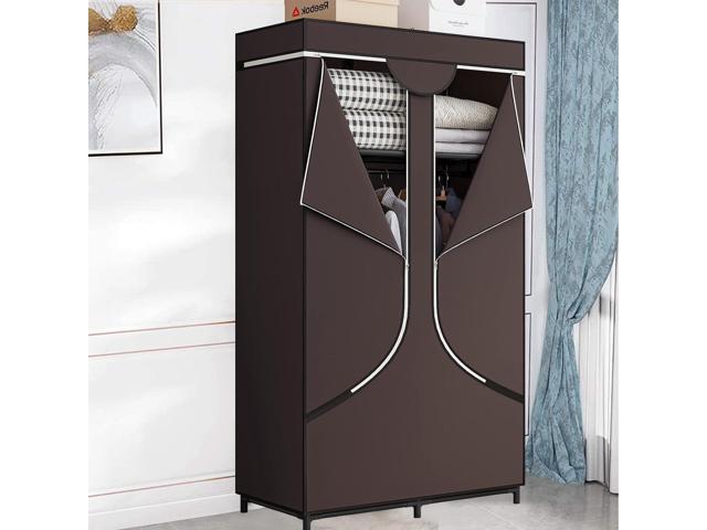 SORCEDAS Portable Wardrobe Closet Storage Organizer Metal Hanging Rack Non-Woven Fabric 34 Inch Coffee (34 Inch, Coffee)