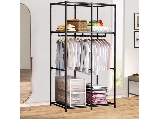 SORCEDAS Portable Wardrobe Closet Storage Organizer Metal Hanging Rack Non-Woven Fabric 34 Inch Coffee (34 Inch, Coffee)