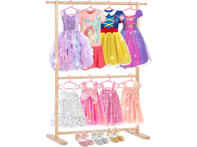 Bamboo Kids Clothing Rack with Dual Poles, Child Dress Up Rack, Clothing OrganizerRack, Small GarmentRack, Perfect for Costumes and Accessories...