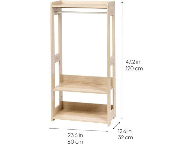 IRIS USA Small Open Wood Clothing Rack for Small Spaces, Clothes Rack with Shelves, Garment rack with Side Hook, Light Brown