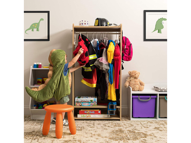 IRIS USA Small Open Wood Clothing Rack for Small Spaces, Clothes Rack with Shelves, Garment rack with Side Hook, Light Brown