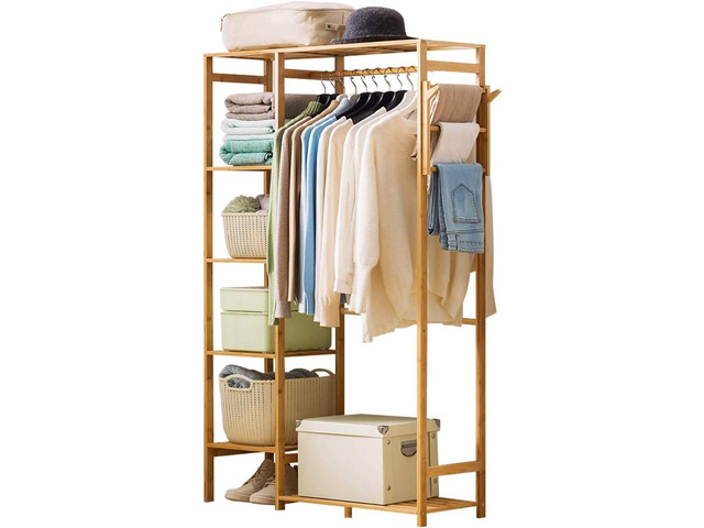 Ufine Bamboo Garment Rack 6 Tier Storage Shelves Clothes Hanging Stand with Side Hooks, Heavy Duty Clothing Rack Portable Wardrobe Closet Organizer