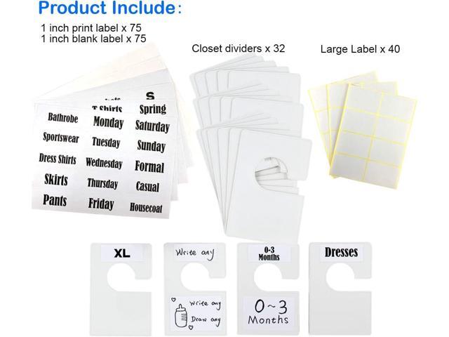 32 Pack White Clothing Rack Size Dividers Plus 150 Labels (1 Inch) and 40 Large Blank Labels, Large Rectangular Clothing Closet Dividers (Pearl White)