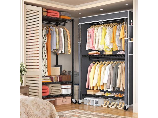 Raybee Clothes Rack with Cover, 81' H Clothing Racks for Hanging Clothes, Portable with Wheels and Adjustable Feets, Max Load 440LBS, Black