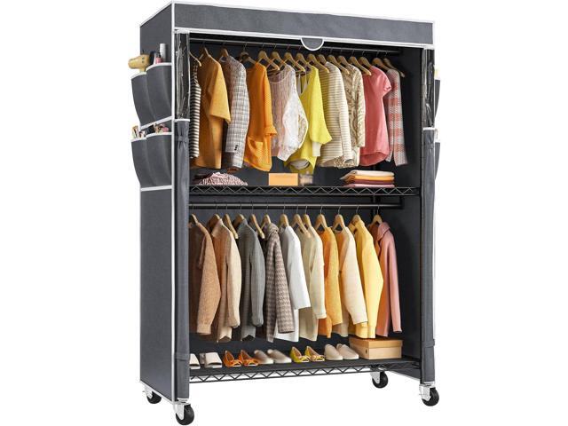 Raybee Clothes Rack with Cover, 81' H Clothing Racks for Hanging Clothes, Portable with Wheels and Adjustable Feets, Max Load 440LBS, Black