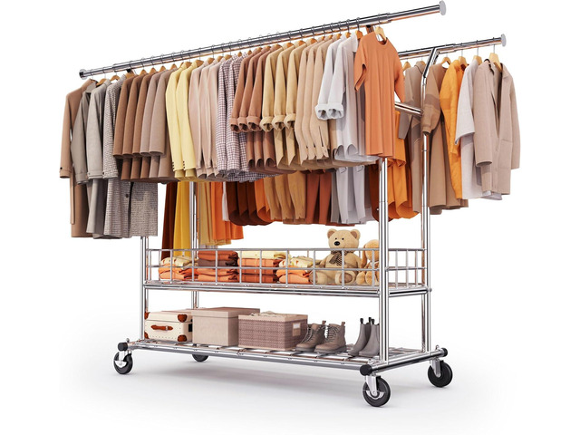 HOKEEPER Heavy Duty Clothing Clothes Rack for Hanging Clothes Adjustable Rolling Garment Rack with Wheels for Bedroom, Living Room (Double Rod with...