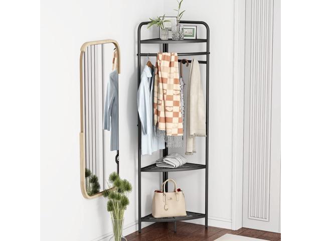 Corner Black Clothing Racks Freestanding, Metal Black Coat Racks with Hooks, Heavy Duty Modern Clothes Rack with 3 Tier Storage Shelves for...