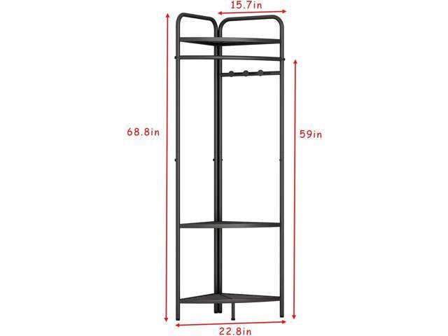 Corner Black Clothing Racks Freestanding, Metal Black Coat Racks with Hooks, Heavy Duty Modern Clothes Rack with 3 Tier Storage Shelves for...