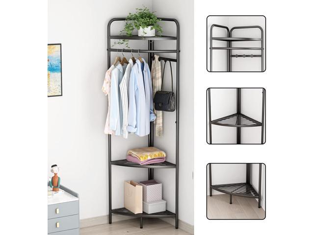 Corner Black Clothing Racks Freestanding, Metal Black Coat Racks with Hooks, Heavy Duty Modern Clothes Rack with 3 Tier Storage Shelves for...