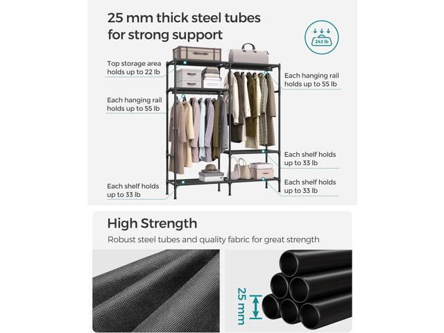 SONGMICS Heavy Duty Clothes Rack, 65 Inch Freestanding Portable Wardrobe with Hanging Rails and Shelves, Total Load 242 lb, Easy Assembly, for...