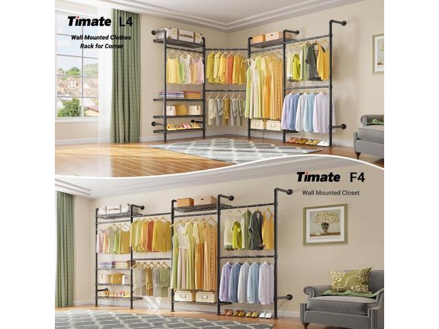 Timate L4 L Shape Heavy Duty Garment Rack - Expandable Industrial Pipe Clothing Rack, Wall Mounted Closet Organizer, Corner Closet System Black
