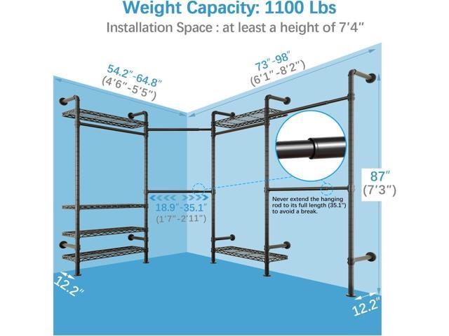 Timate L4 L Shape Heavy Duty Garment Rack - Expandable Industrial Pipe Clothing Rack, Wall Mounted Closet Organizer, Corner Closet System Black